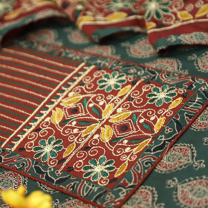 Raina Sacramento Green Embroidered Neck Yoke with Ajrak Print Cotton Set
