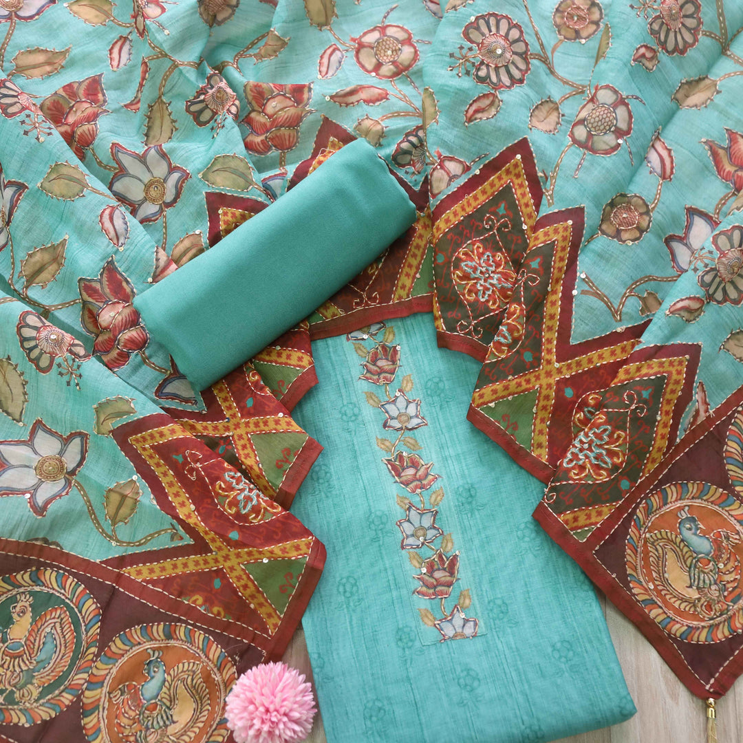 Kohinoor Sea Blue Digital Pichwai Print Kantha Work Chanderi Suit Set