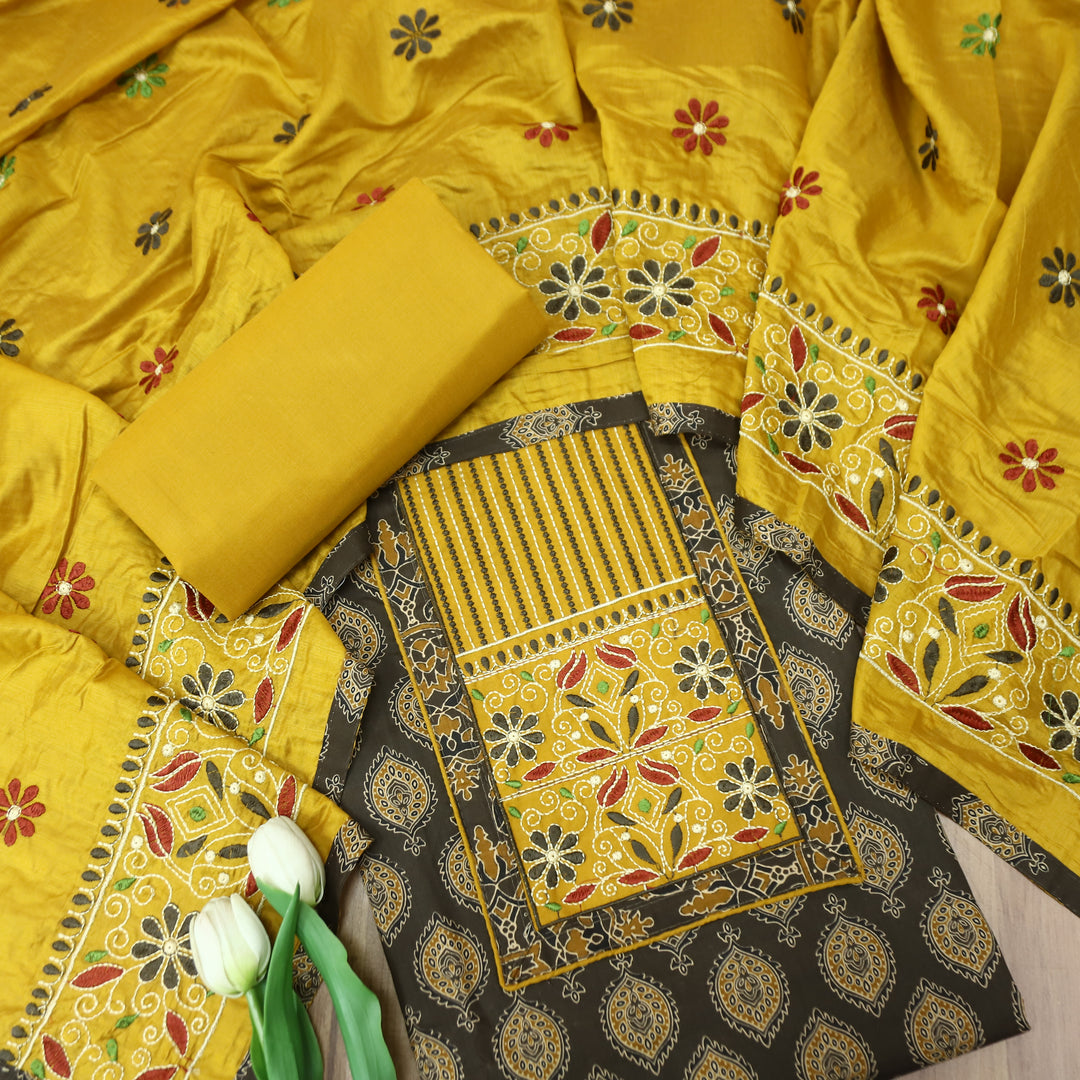 Raina Choco Brown Embroidered Neck Yoke with Ajrak Print Cotton Set