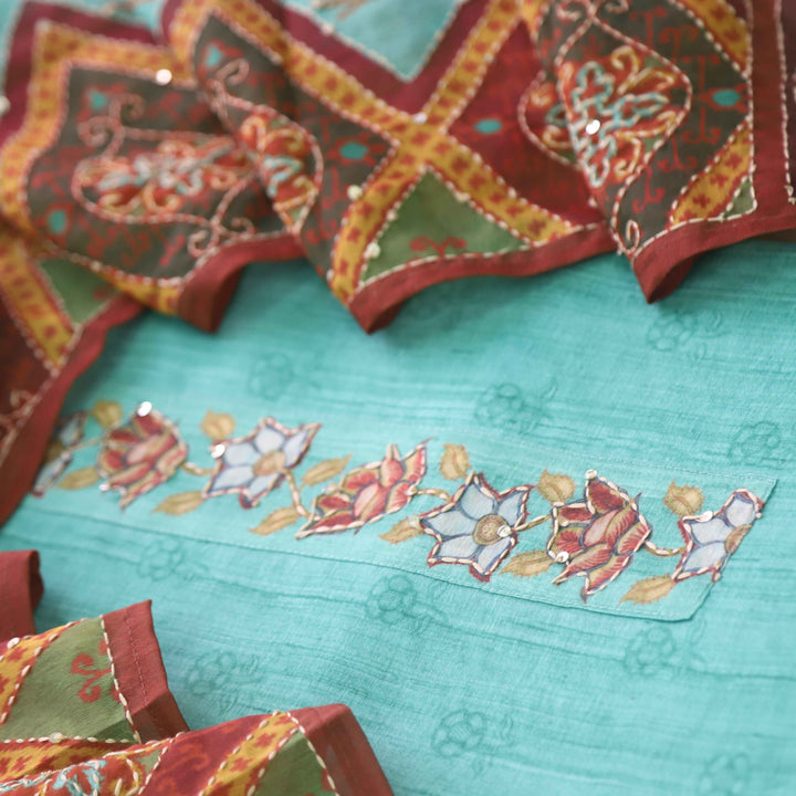 Kohinoor Sea Blue Digital Pichwai Print Kantha Work Chanderi Suit Set