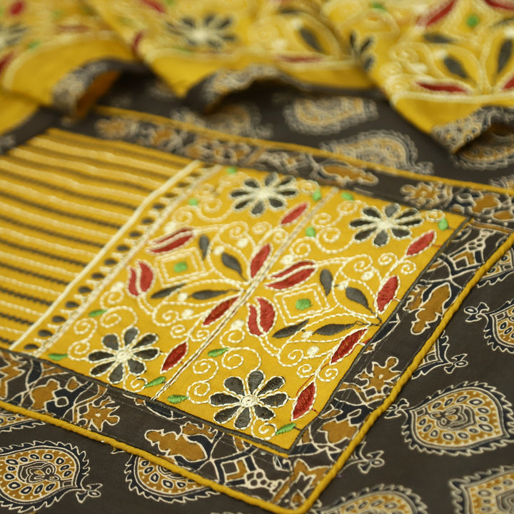Raina Choco Brown Embroidered Neck Yoke with Ajrak Print Cotton Set