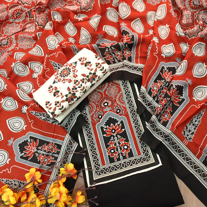 Radhi Ebony Black Ajrak printed Yoke with Mirror Cotton Set