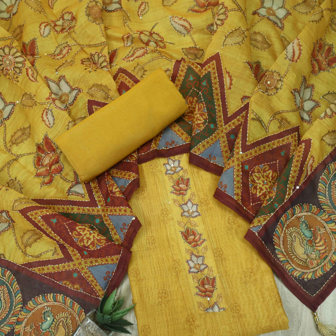 Kohinoor Mustard Yellow Digital Pichwai Print Kantha Work Chanderi Suit Set