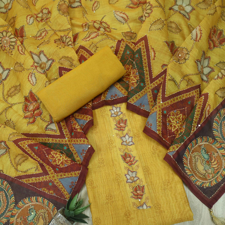 Kohinoor Mustard Yellow Digital Pichwai Print Kantha Work Chanderi Suit Set
