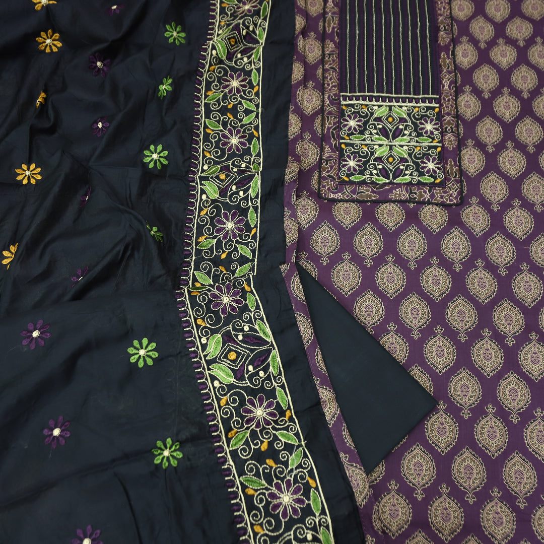 Raina Jamuni Purple Embroidered Neck Yoke with Ajrak Print Cotton Set