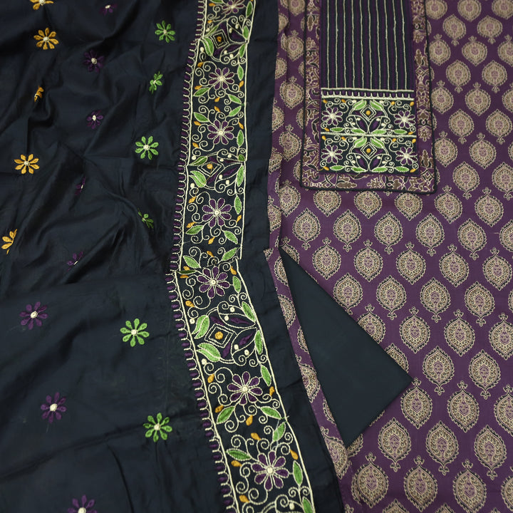 Raina Jamuni Purple Embroidered Neck Yoke with Ajrak Print Cotton Set