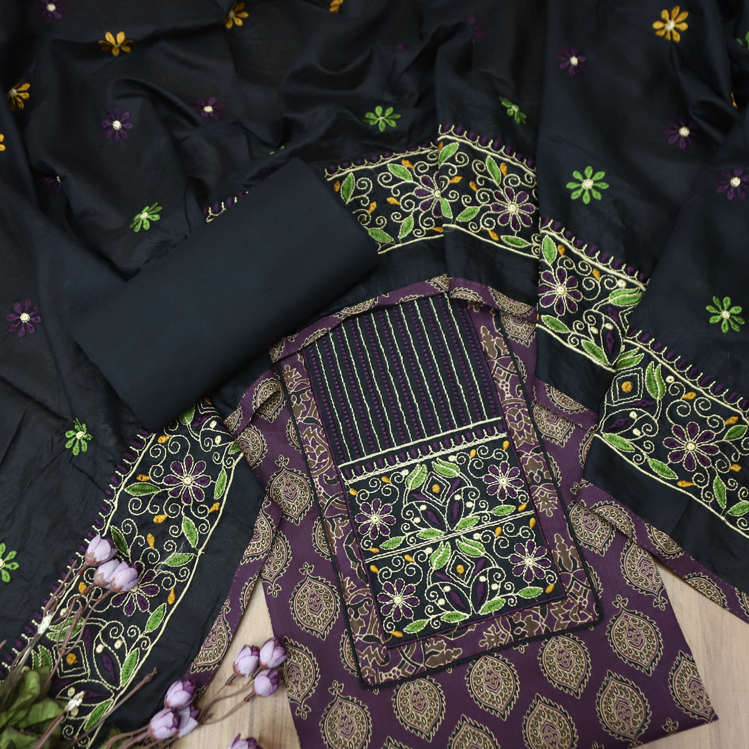 Raina Jamuni Purple Embroidered Neck Yoke with Ajrak Print Cotton Set