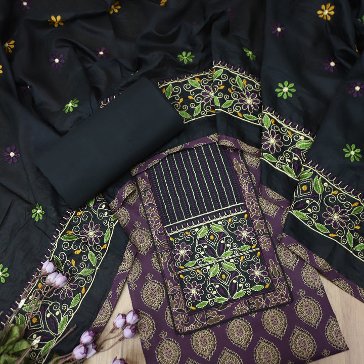 Raina Jamuni Purple Embroidered Neck Yoke with Ajrak Print Cotton Set