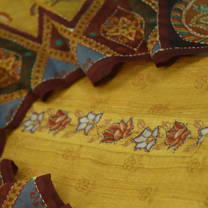 Kohinoor Mustard Yellow Digital Pichwai Print Kantha Work Chanderi Suit Set