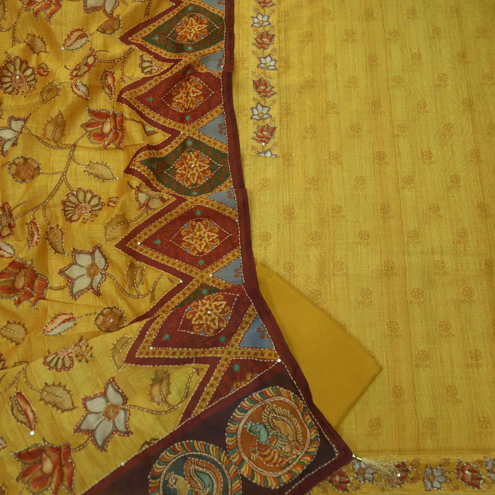 Kohinoor Mustard Yellow Digital Pichwai Print Kantha Work Chanderi Suit Set
