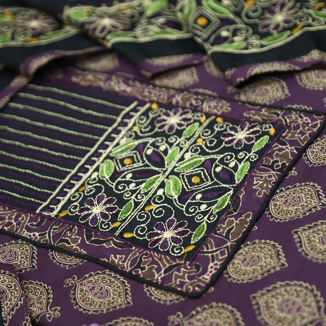 Raina Jamuni Purple Embroidered Neck Yoke with Ajrak Print Cotton Set