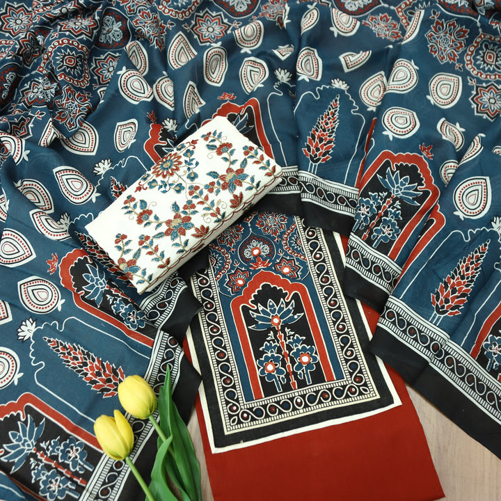 Radhi Cherry Red Ajrak printed Yoke with Mirror Cotton Set