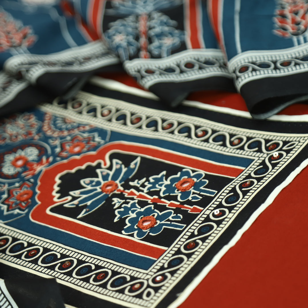 Radhi Cherry Red Ajrak printed Yoke with Mirror Cotton Set