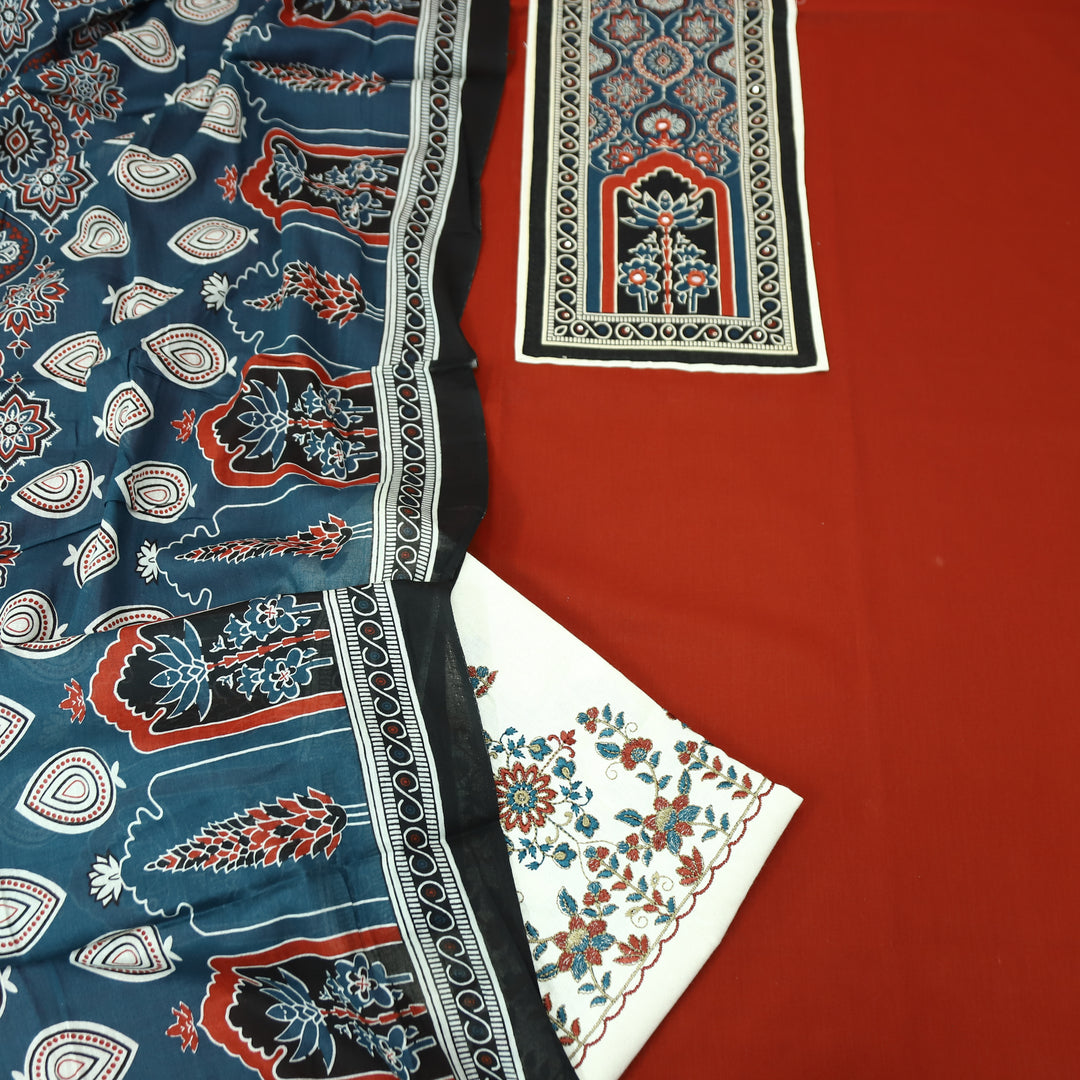 Radhi Cherry Red Ajrak printed Yoke with Mirror Cotton Set