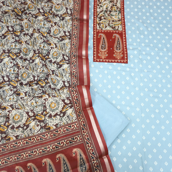 Ada Iced Blue Kalamkari Yoke with French Knot Printed Jam Cotton Set