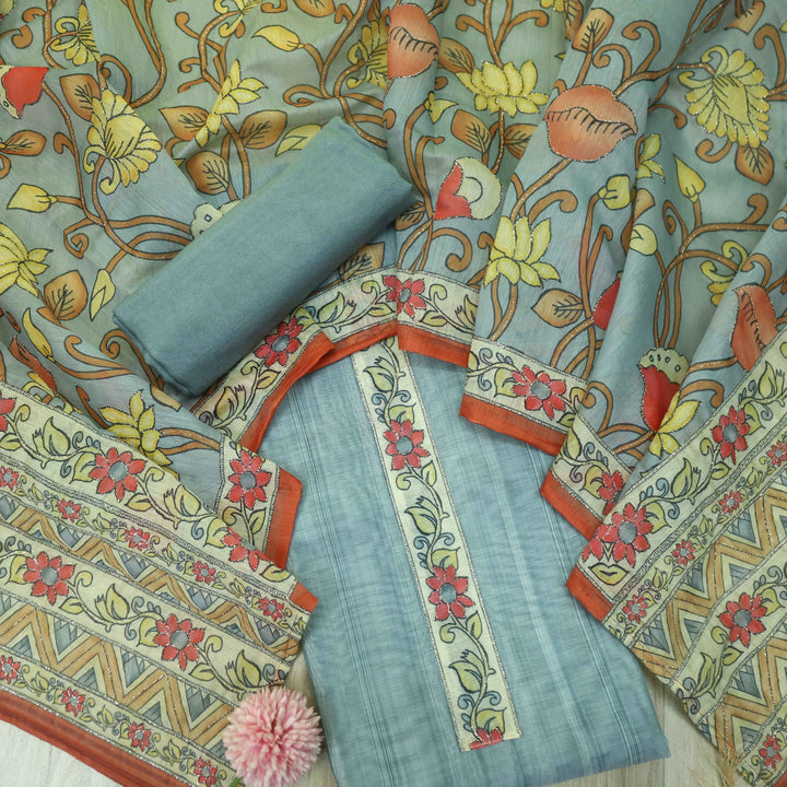 Kohinoor Faded Blue Digital Pichwai Print Neem Zari Work Chanderi Suit Set
