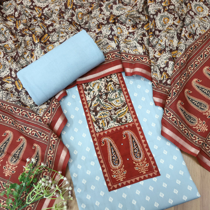 Ada Iced Blue Kalamkari Yoke with French Knot Printed Jam Cotton Set