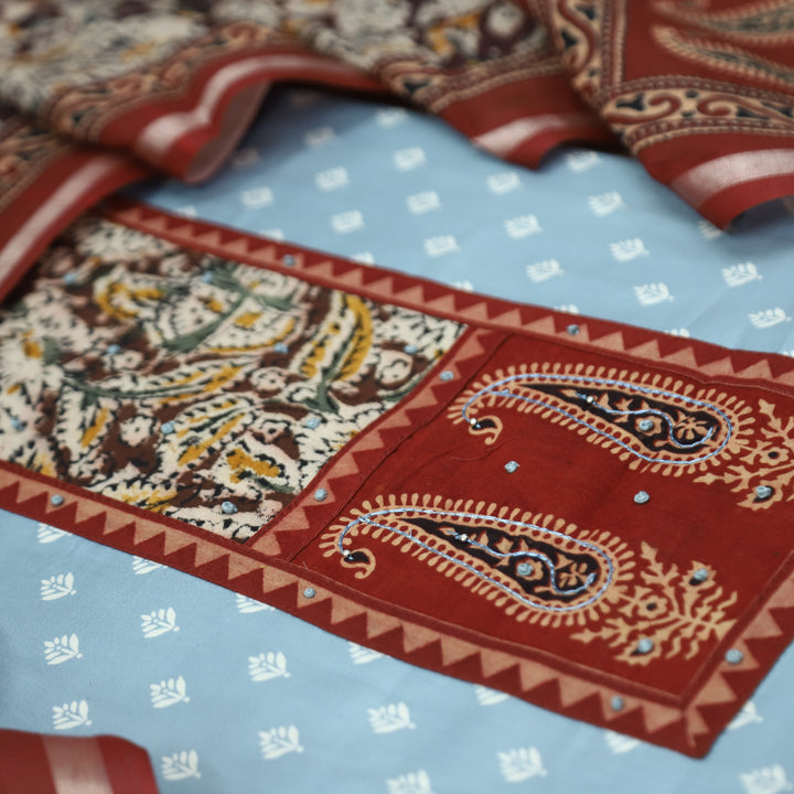 Ada Iced Blue Kalamkari Yoke with French Knot Printed Jam Cotton Set