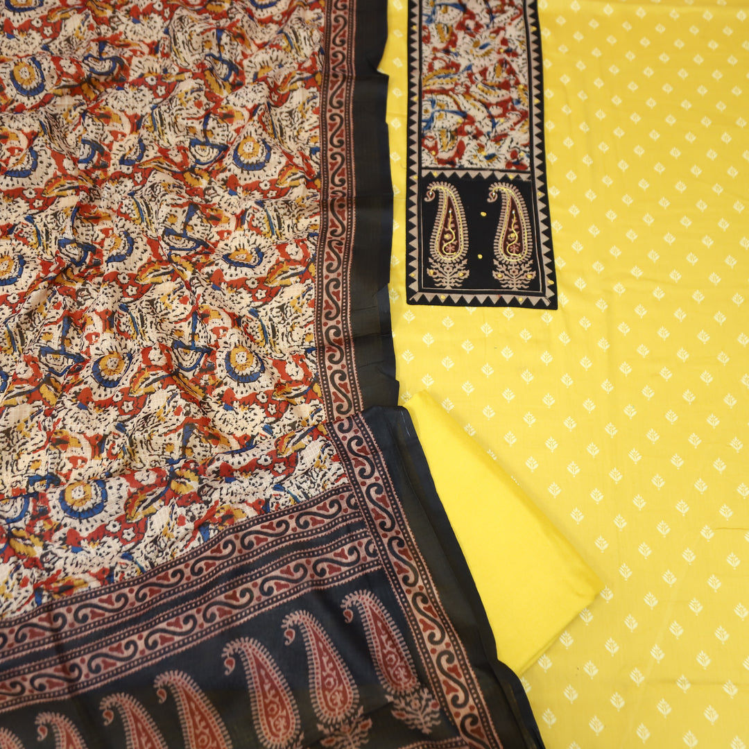 Ada Butter Yellow Kalamkari Yoke with French Knot Printed Jam Cotton Set
