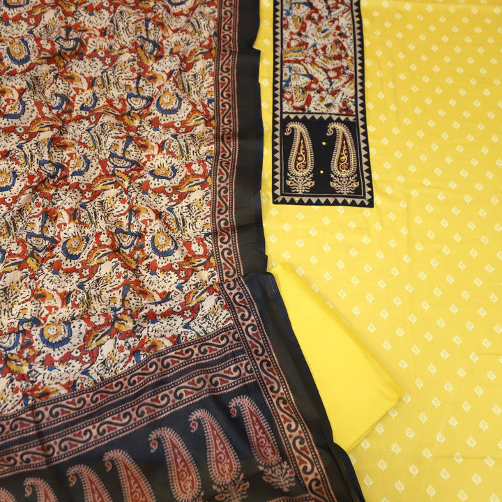 Ada Butter Yellow Kalamkari Yoke with French Knot Printed Jam Cotton Set