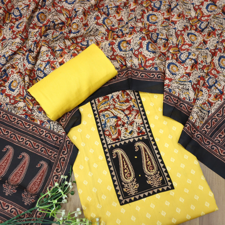 Ada Butter Yellow Kalamkari Yoke with French Knot Printed Jam Cotton Set