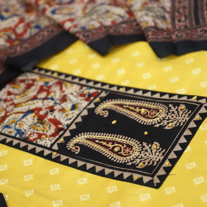 Ada Butter Yellow Kalamkari Yoke with French Knot Printed Jam Cotton Set