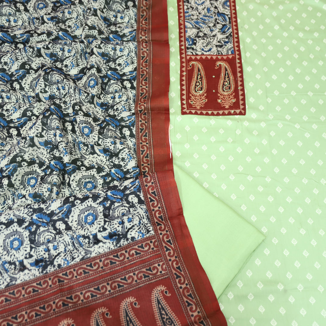 Ada Pista Green Kalamkari Yoke with French Knot Printed Jam Cotton Set