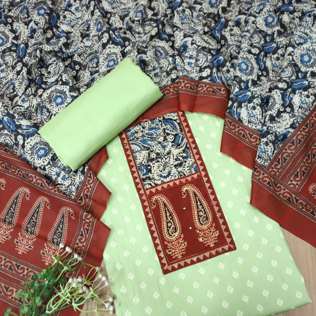 Ada Pista Green Kalamkari Yoke with French Knot Printed Jam Cotton Set