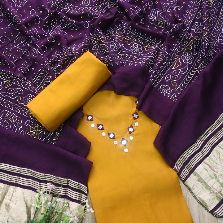 Paaki Canary Yellow Mirror Work V Neck Roman Silk Suit Set