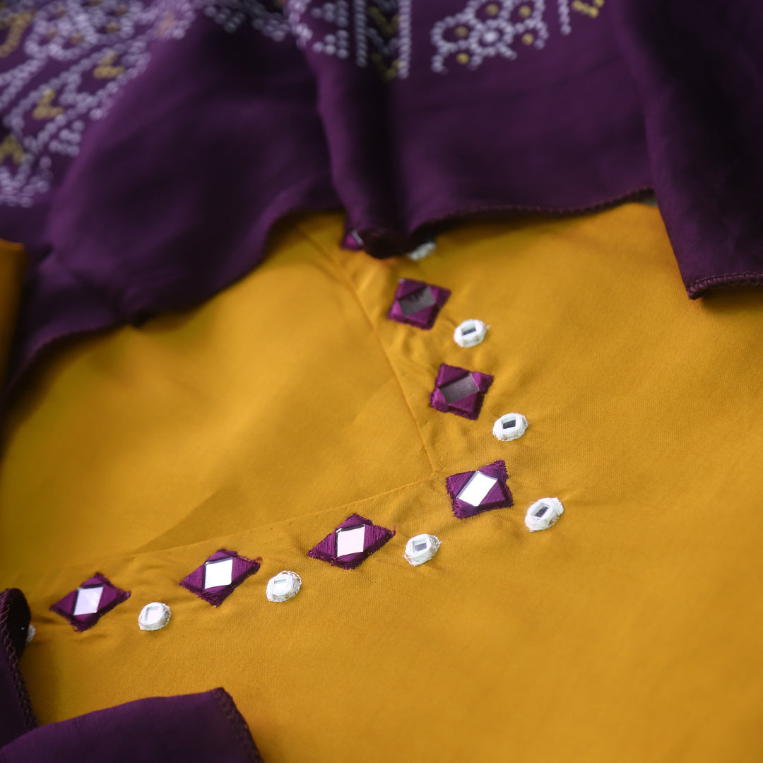 Paaki Canary Yellow Mirror Work V Neck Roman Silk Suit Set