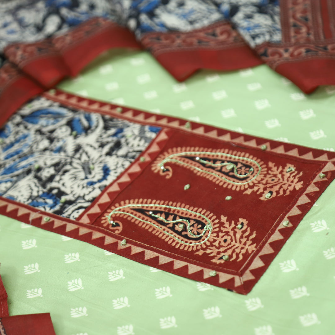 Ada Pista Green Kalamkari Yoke with French Knot Printed Jam Cotton Set