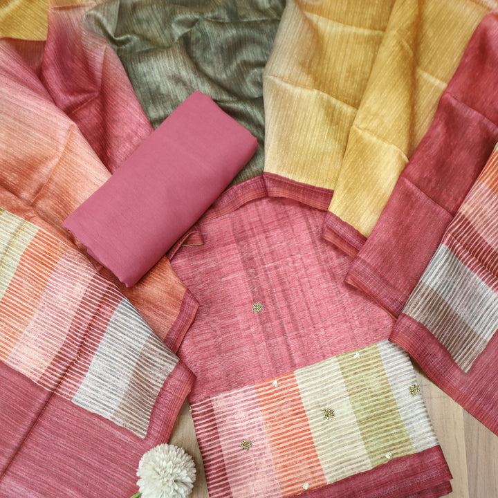 Saarthi Blush Red Sprial Work Detailing Monga Silk Set