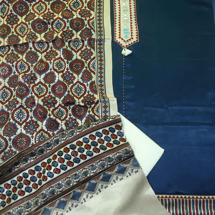 Haniya Royal Blue Mirror work Authentic Gajji Silk Top with Stole Dupatta