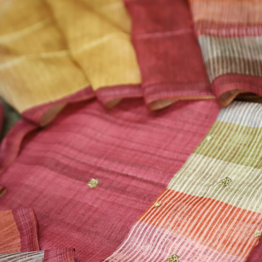 Saarthi Blush Red Sprial Work Detailing Monga Silk Set