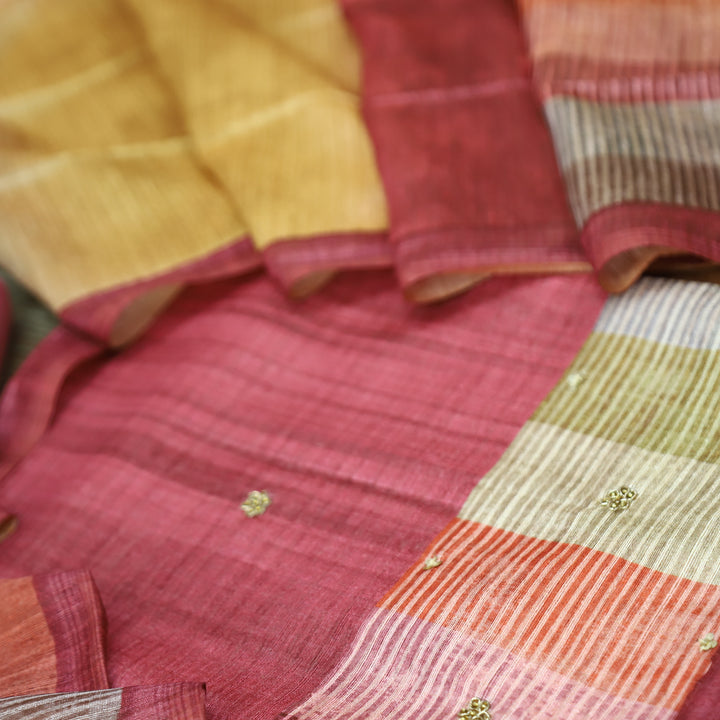 Saarthi Blush Red Sprial Work Detailing Monga Silk Set