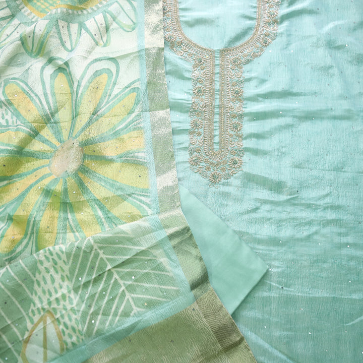 Alvida Sage Green Embellish Neckline in Premium Shimmer Tissue Silk Suit Set