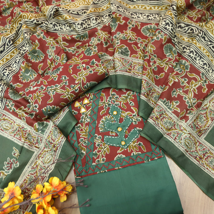Kriya Sacramento Green Applique Kalamkari Yoke Jam Cotton Set