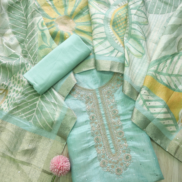 Alvida Sage Green Embellish Neckline in Premium Shimmer Tissue Silk Suit Set