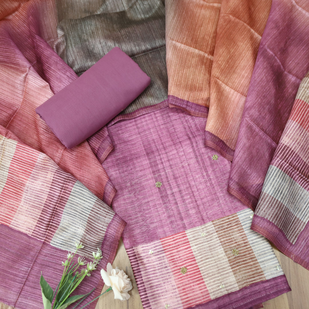 Saarthi Mulberry Purple Sprial Work Detailing Monga Silk Set