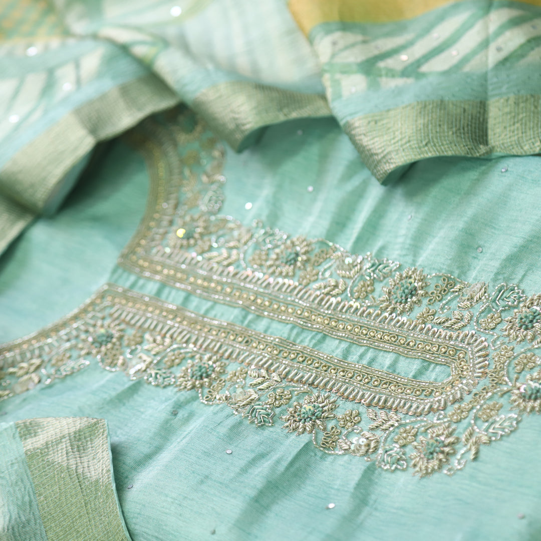 Alvida Sage Green Embellish Neckline in Premium Shimmer Tissue Silk Suit Set