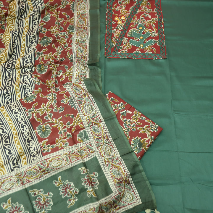 Kriya Sacramento Green Applique Kalamkari Yoke Jam Cotton Set