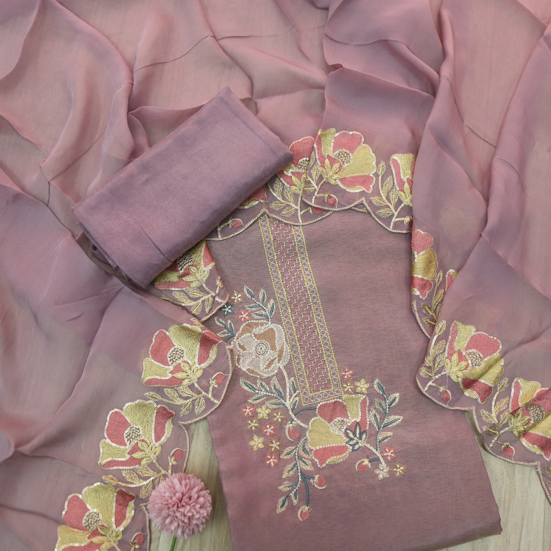 Alvida Soft Lilac Embroidered Neckline in Shimmer Tissue Silk Suit Set