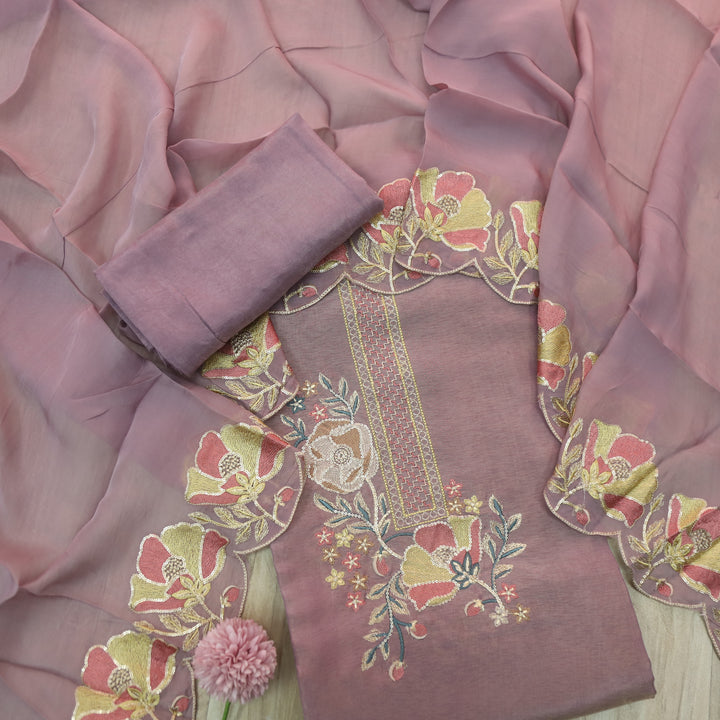 Alvida Soft Lilac Embroidered Neckline in Shimmer Tissue Silk Suit Set