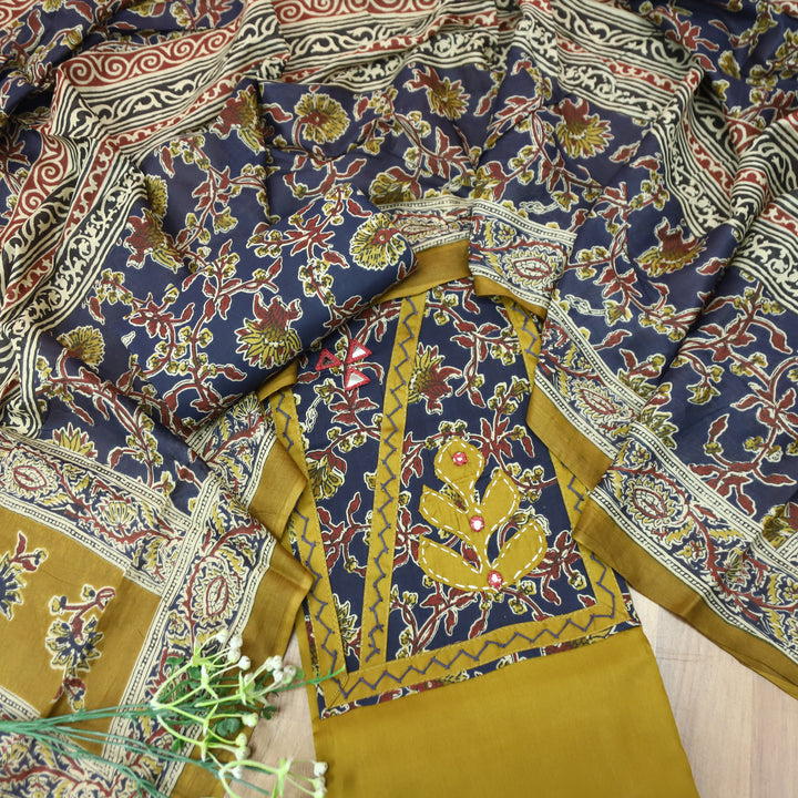 Kriya Dijon Yellow Applique Kalamkari Yoke Jam Cotton Set
