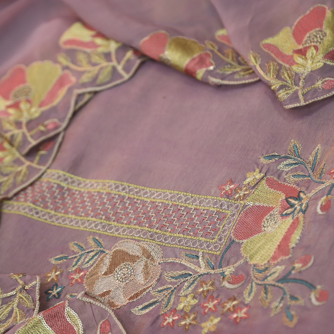 Alvida Soft Lilac Embroidered Neckline in Shimmer Tissue Silk Suit Set