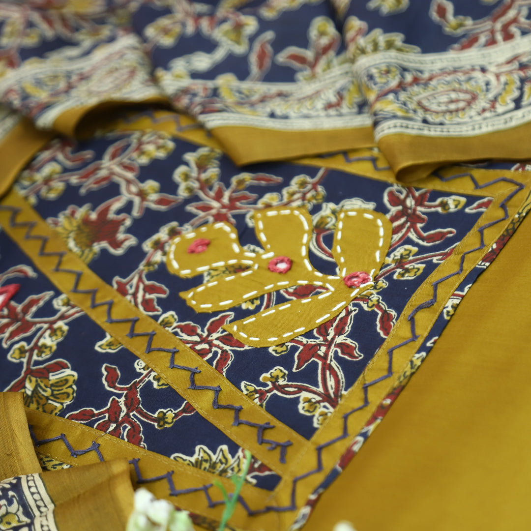 Kriya Dijon Yellow Applique Kalamkari Yoke Jam Cotton Set