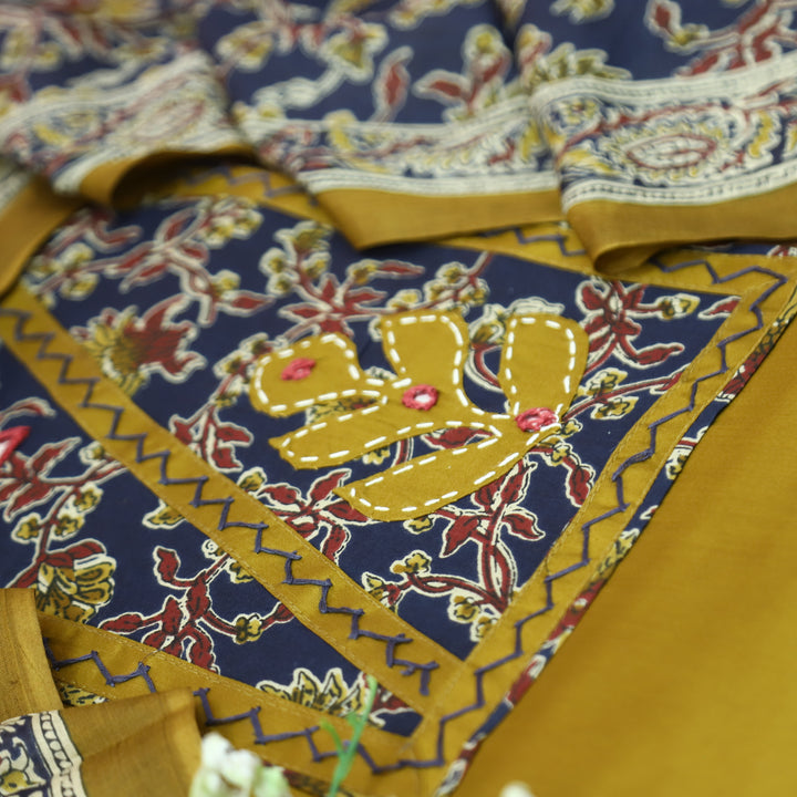 Kriya Dijon Yellow Applique Kalamkari Yoke Jam Cotton Set