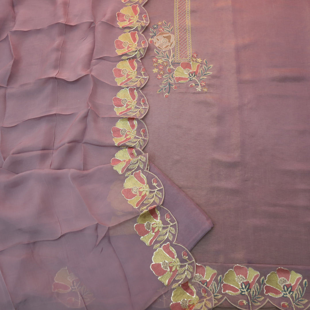Alvida Soft Lilac Embroidered Neckline in Shimmer Tissue Silk Suit Set