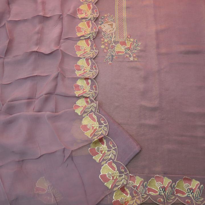 Alvida Soft Lilac Embroidered Neckline in Shimmer Tissue Silk Suit Set