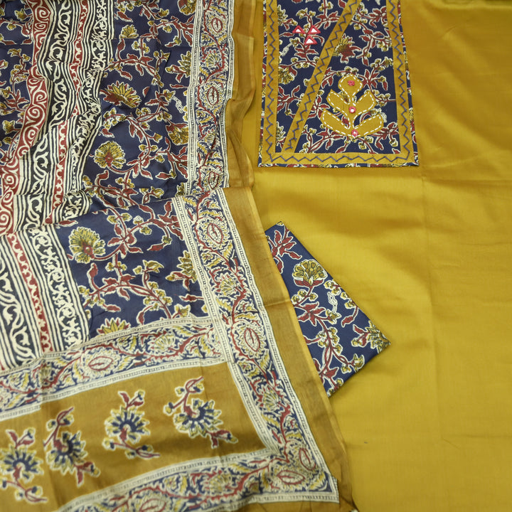 Kriya Dijon Yellow Applique Kalamkari Yoke Jam Cotton Set